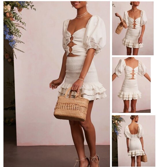 NWT V. CHAPMAN VALARIE SMOCKED MINI DRESS W/CUTOUTS IN NATURAL WHITE SIZE 2 - Picture 1 of 8